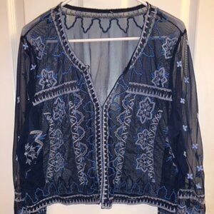 Chico's Sheer Blue Embroidered Jacket, Chicos Size 2